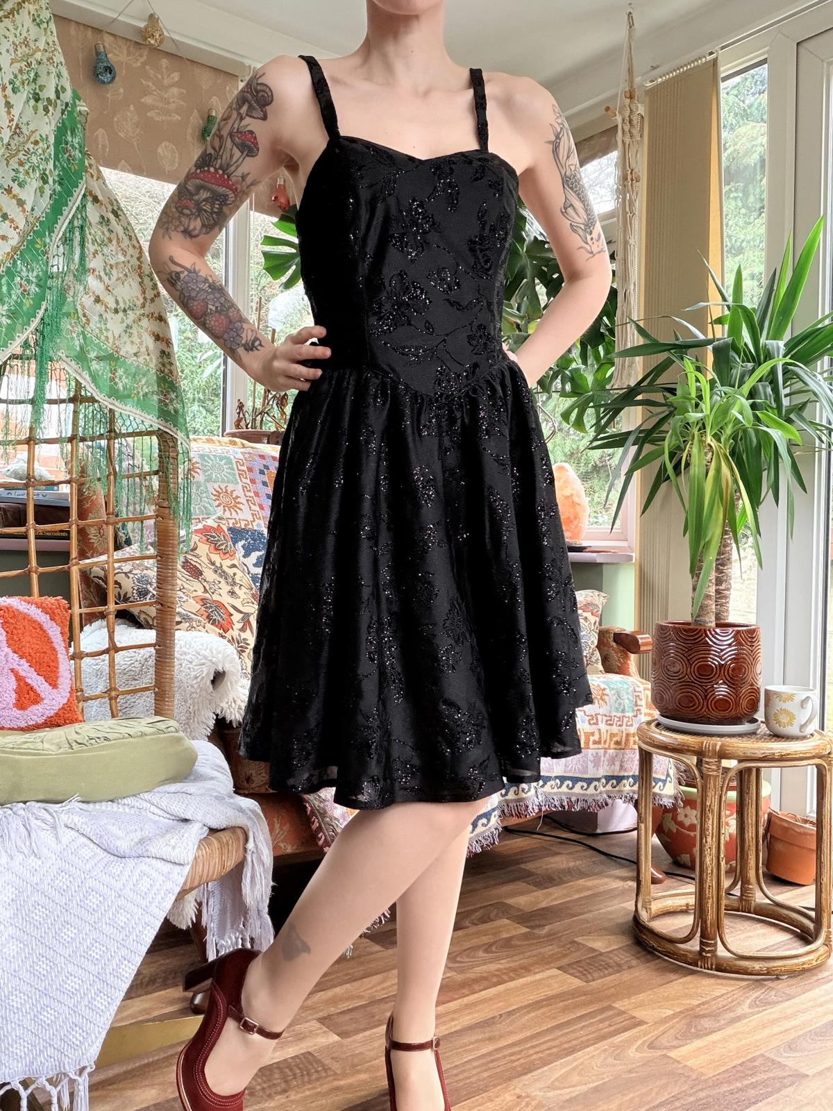 Vintage 1990s party dress Black size 12 by C&A sparkly Midi removable Straps