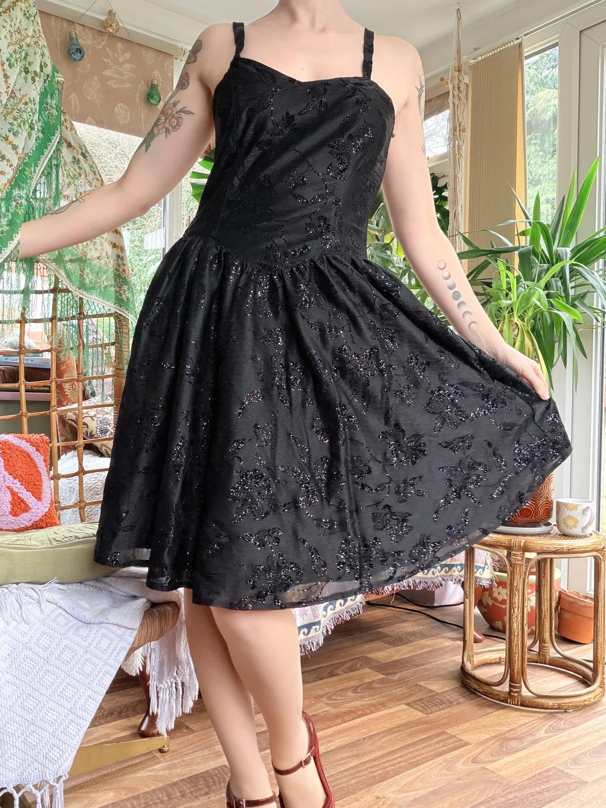 Vintage 1990s party dress Black size 12 by C&A sparkly Midi removable Straps