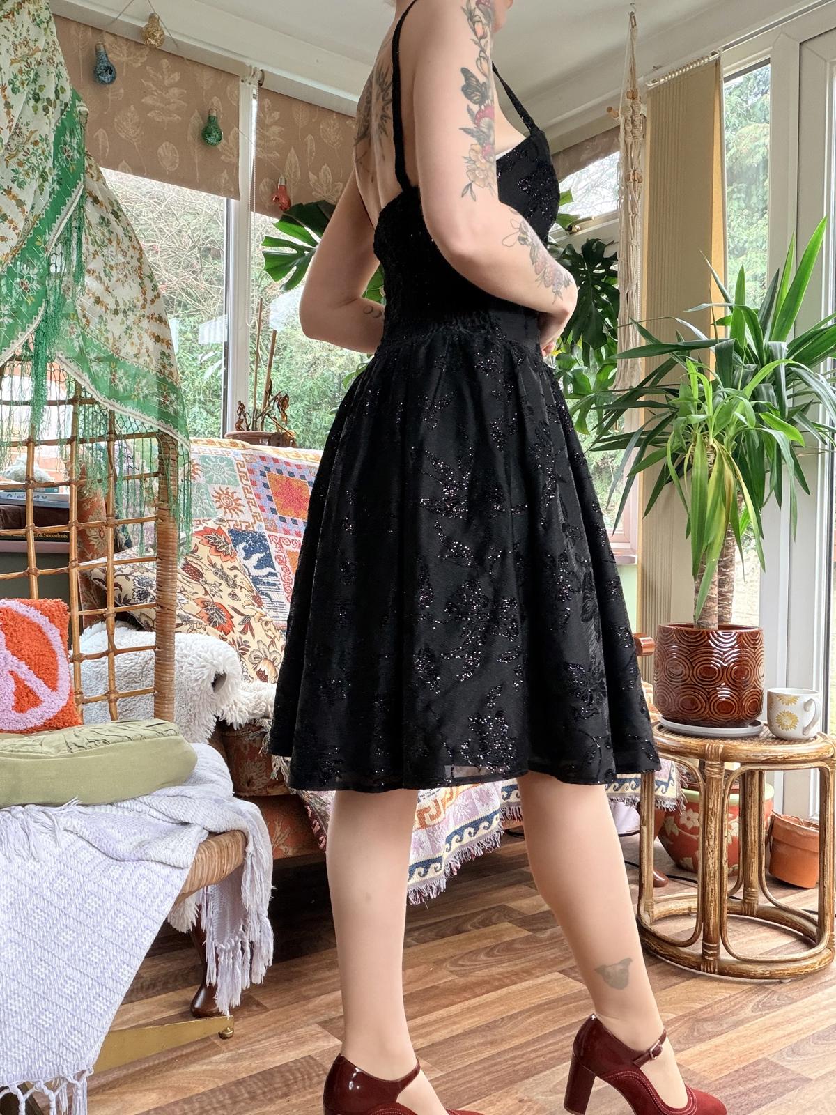 Vintage 1990s party dress Black size 12 by C&A sparkly Midi removable Straps