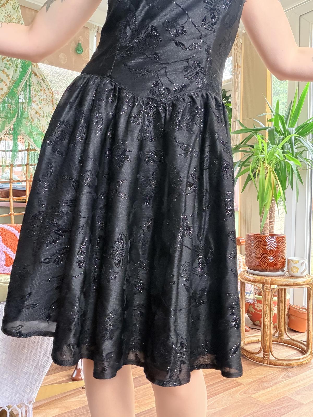 Vintage 1990s party dress Black size 12 by C&A sparkly Midi removable Straps