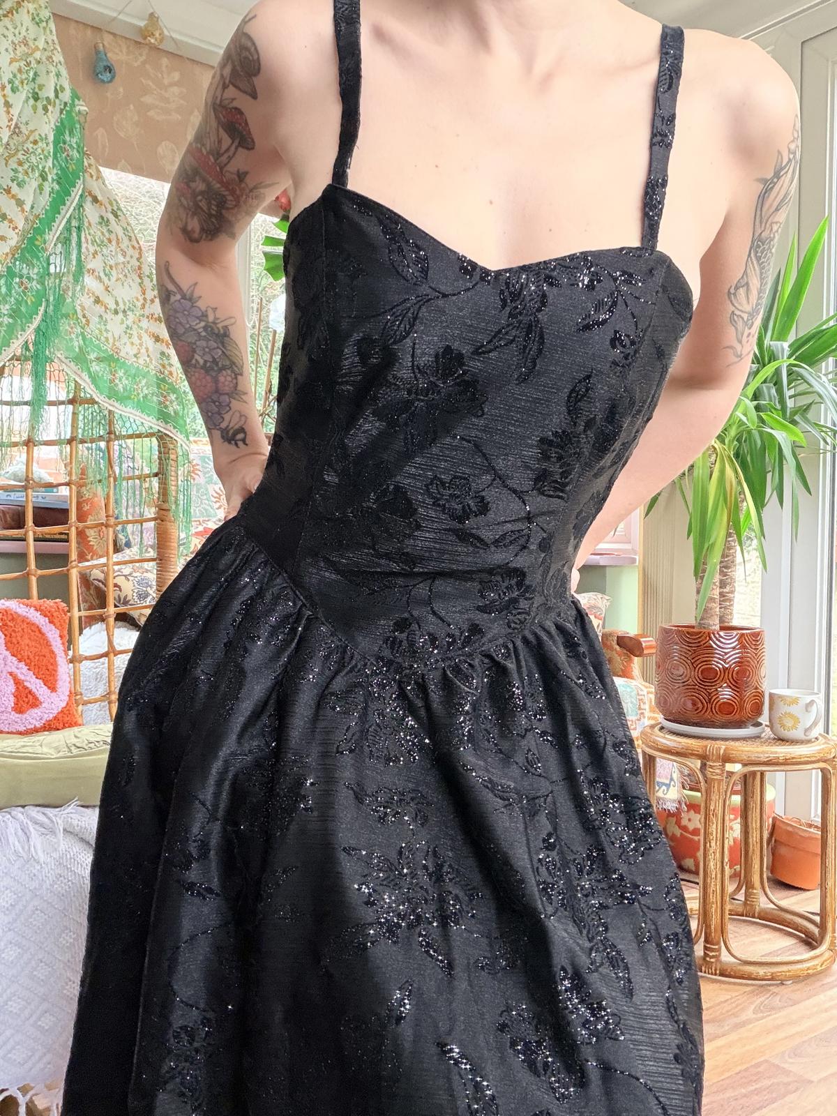 Vintage 1990s party dress Black size 12 by C&A sparkly Midi removable Straps