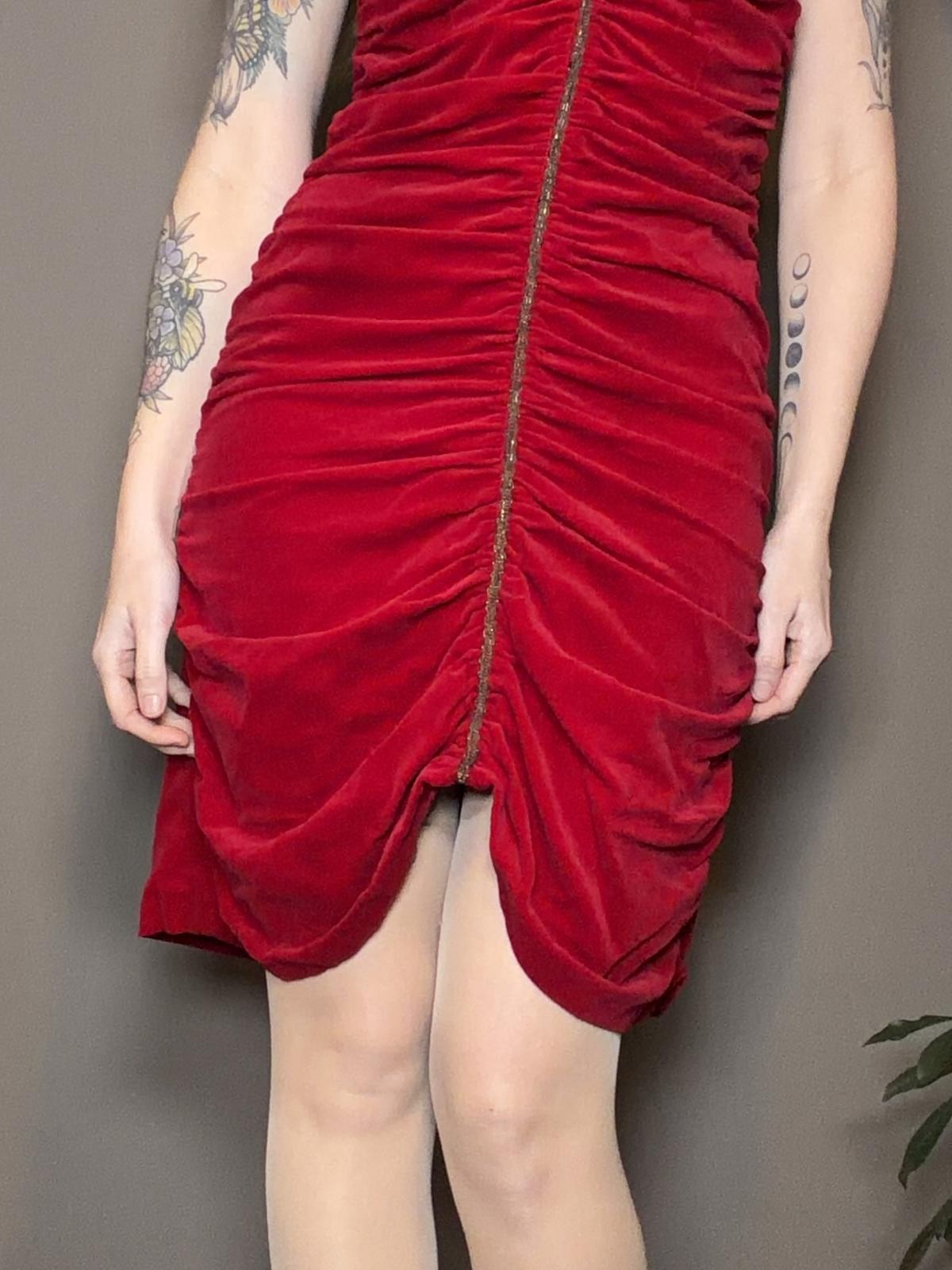 Vintage 1980s cocktail dress red Rouched velvet retro party dress size 10