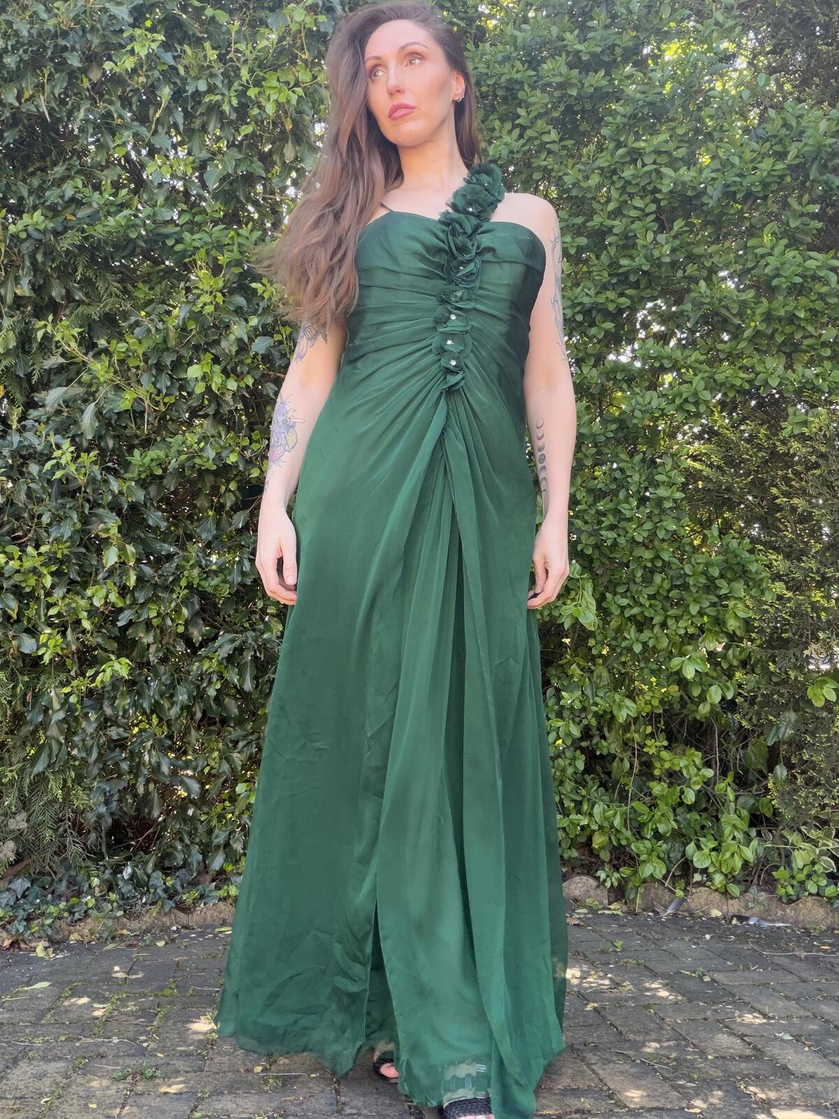 Fairycore Green Prom Dress Evening Gown with Floral Detail Size 14 by Aladen