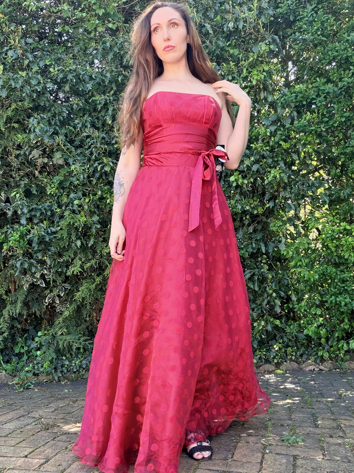 Red Strapless Prom Dress Polka Dot Evening Gown Tie Waist Size 8 By Masquerade