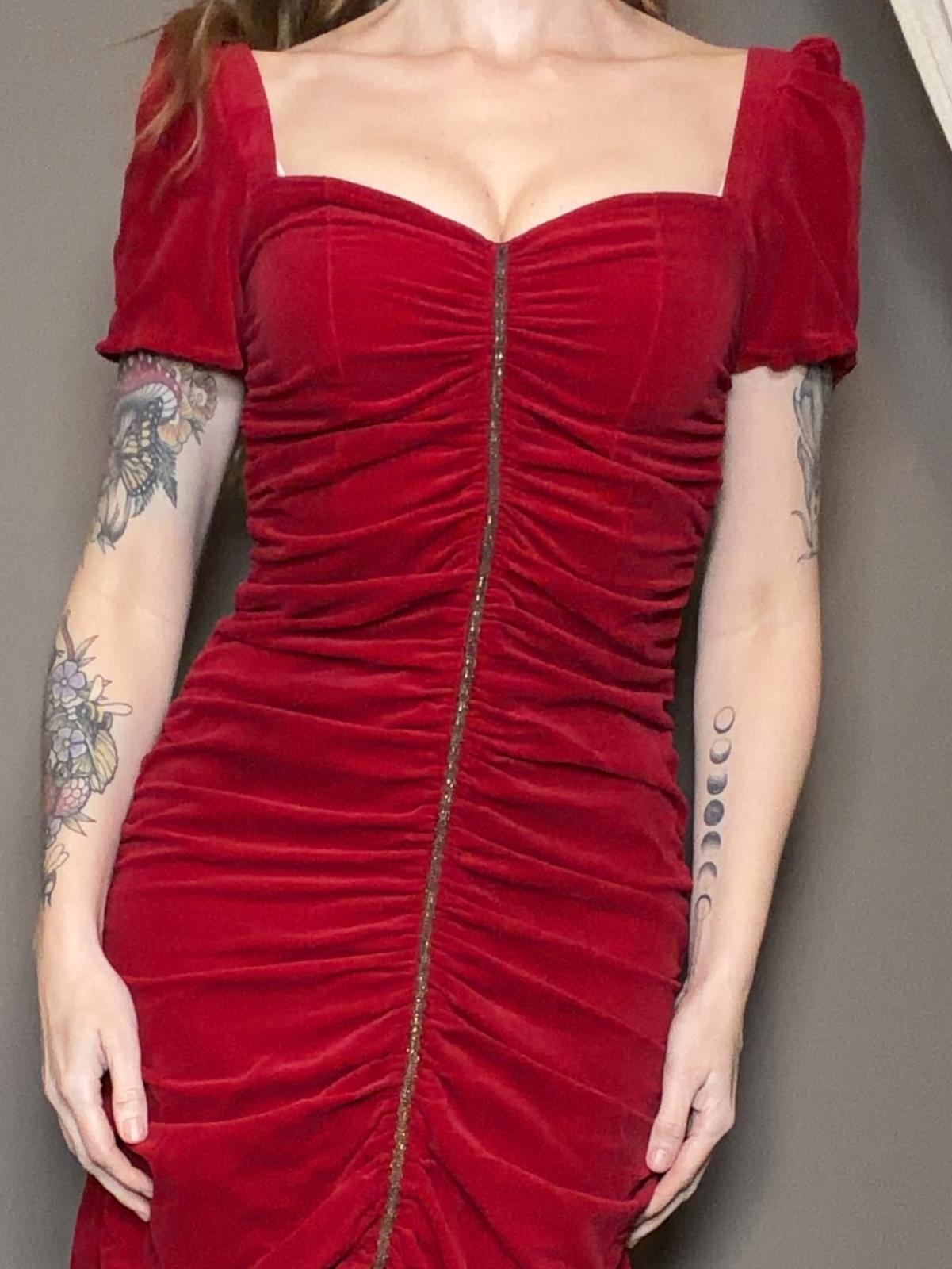 Vintage 1980s cocktail dress red Rouched velvet retro party dress size 10