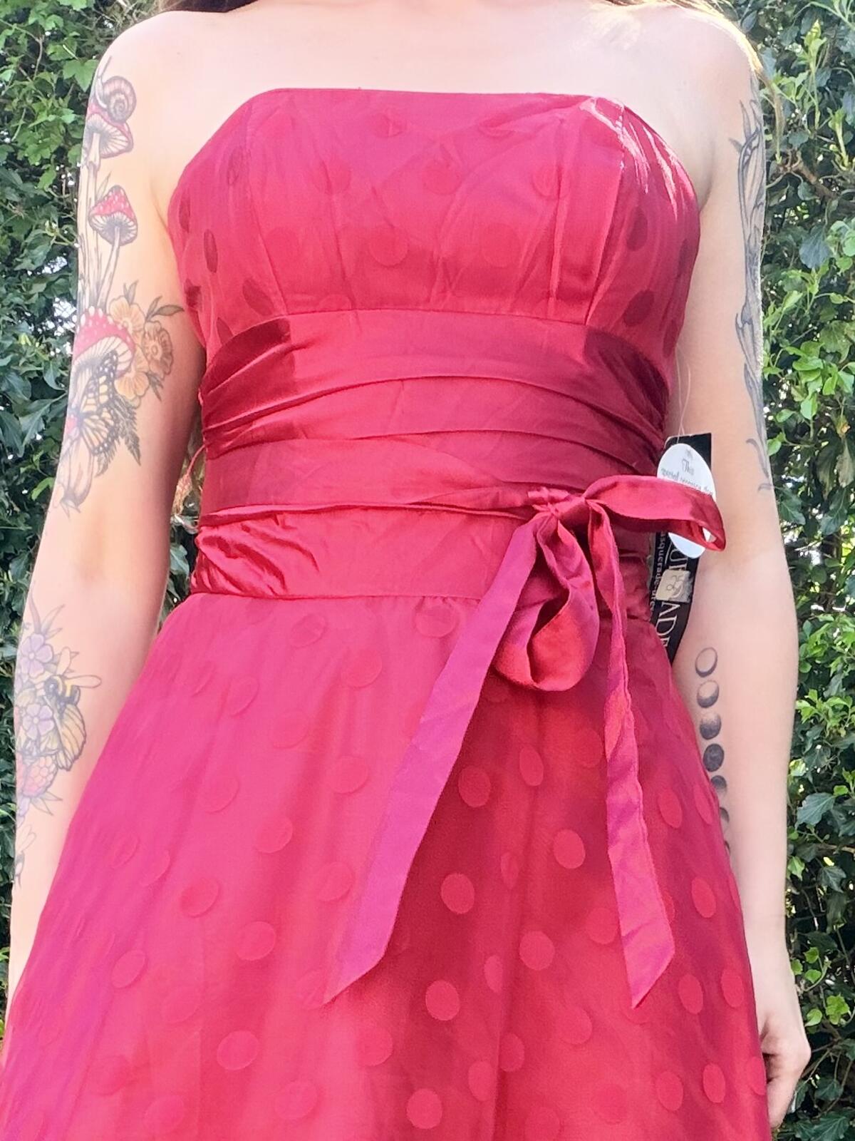 Red Strapless Prom Dress Polka Dot Evening Gown Tie Waist Size 8 By Masquerade