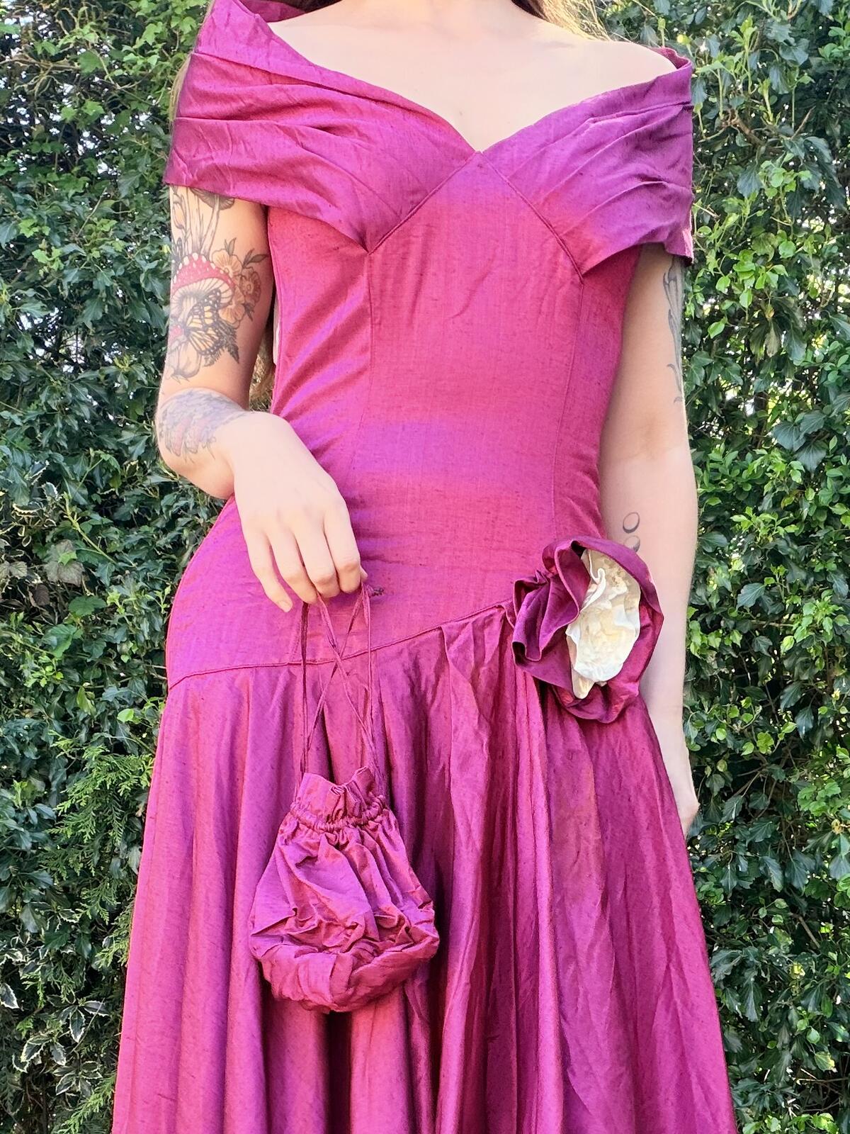 Vintage 1990s Cocktail Dress Off Shoulder Purple Dress with Matching Bag Size 10