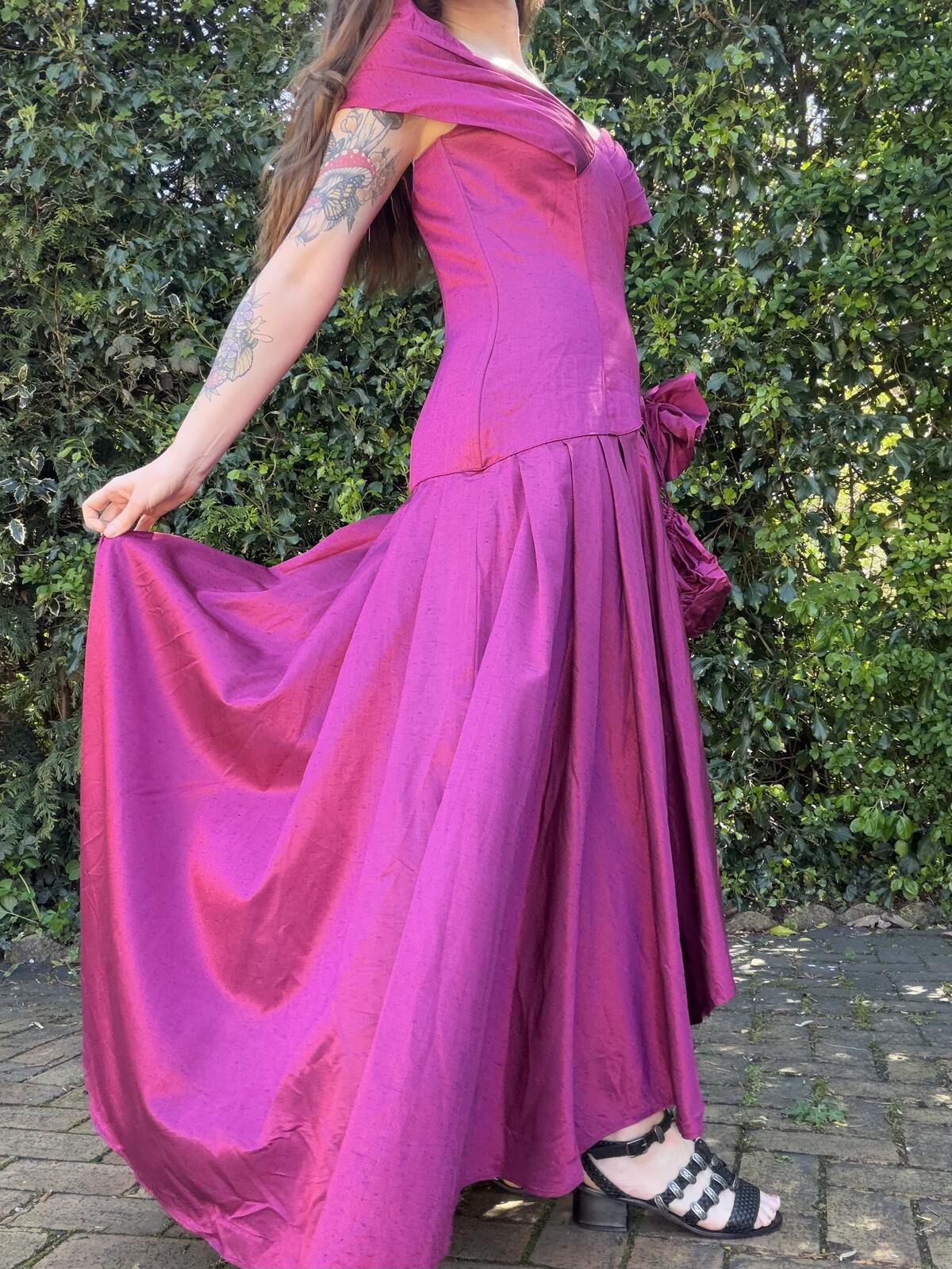 Vintage 1990s Cocktail Dress Off Shoulder Purple Dress with Matching Bag Size 10