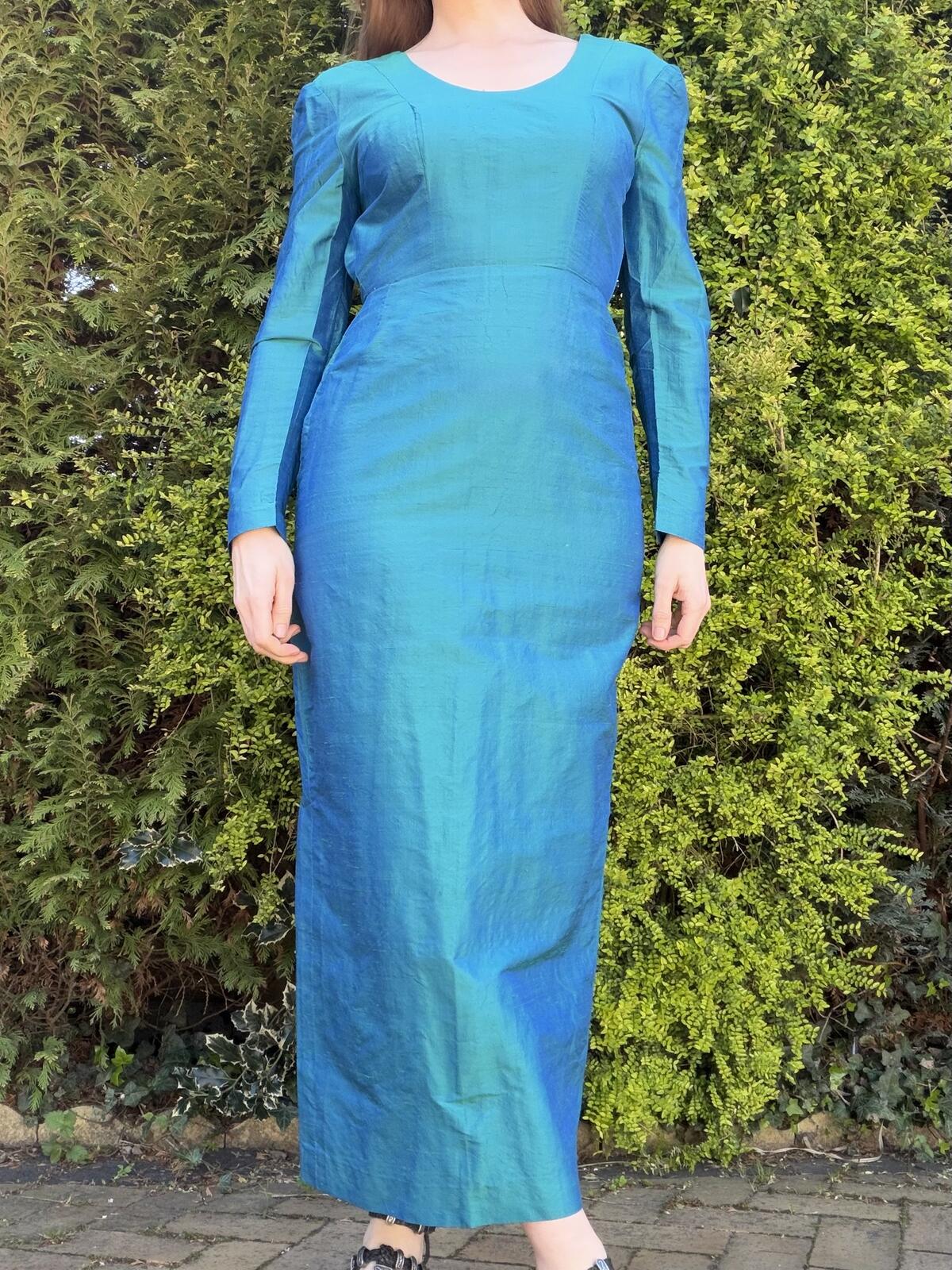 Vintage 1980s Cocktail Dress Long Sleeve Teal Blue with Button Back Size 10