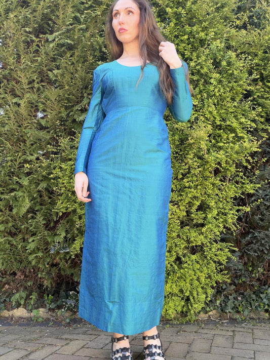 Vintage 1980s Cocktail Dress Long Sleeve Teal Blue with Button Back Size 10