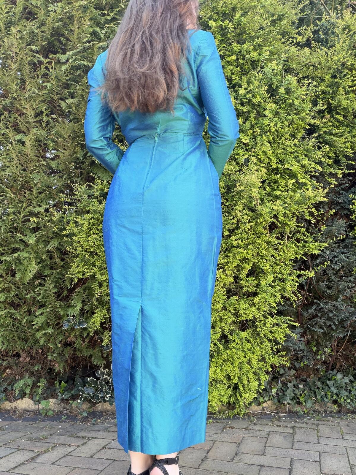 Vintage 1980s Cocktail Dress Long Sleeve Teal Blue with Button Back Size 10
