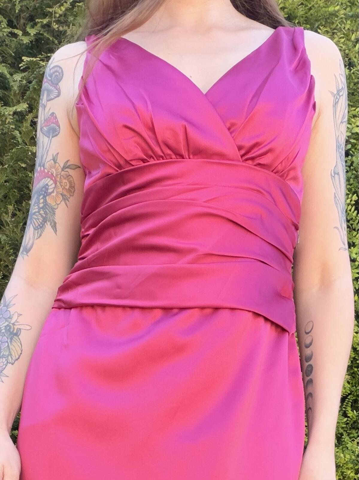Vintage Y2K Prom Dress Size 12 Pink Long Satin Ruched Evening Cocktail Gown