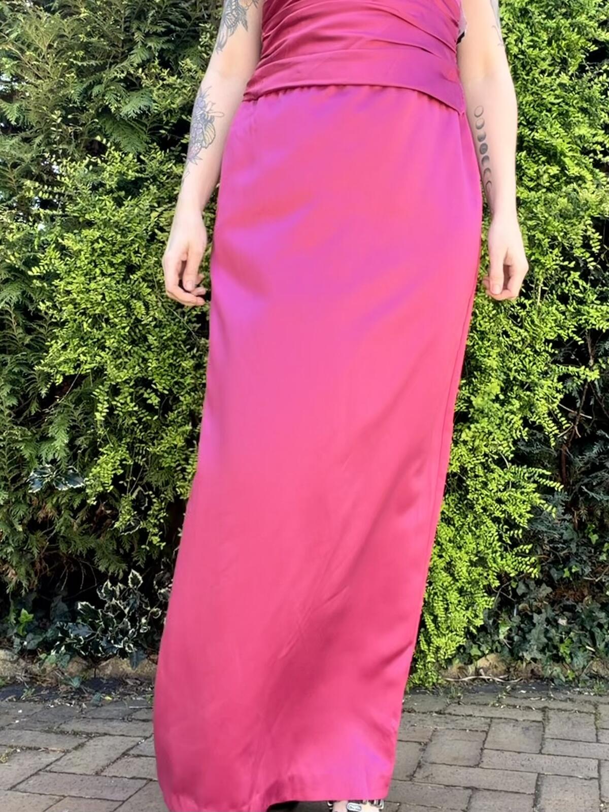 Vintage Y2K Prom Dress Size 12 Pink Long Satin Ruched Evening Cocktail Gown