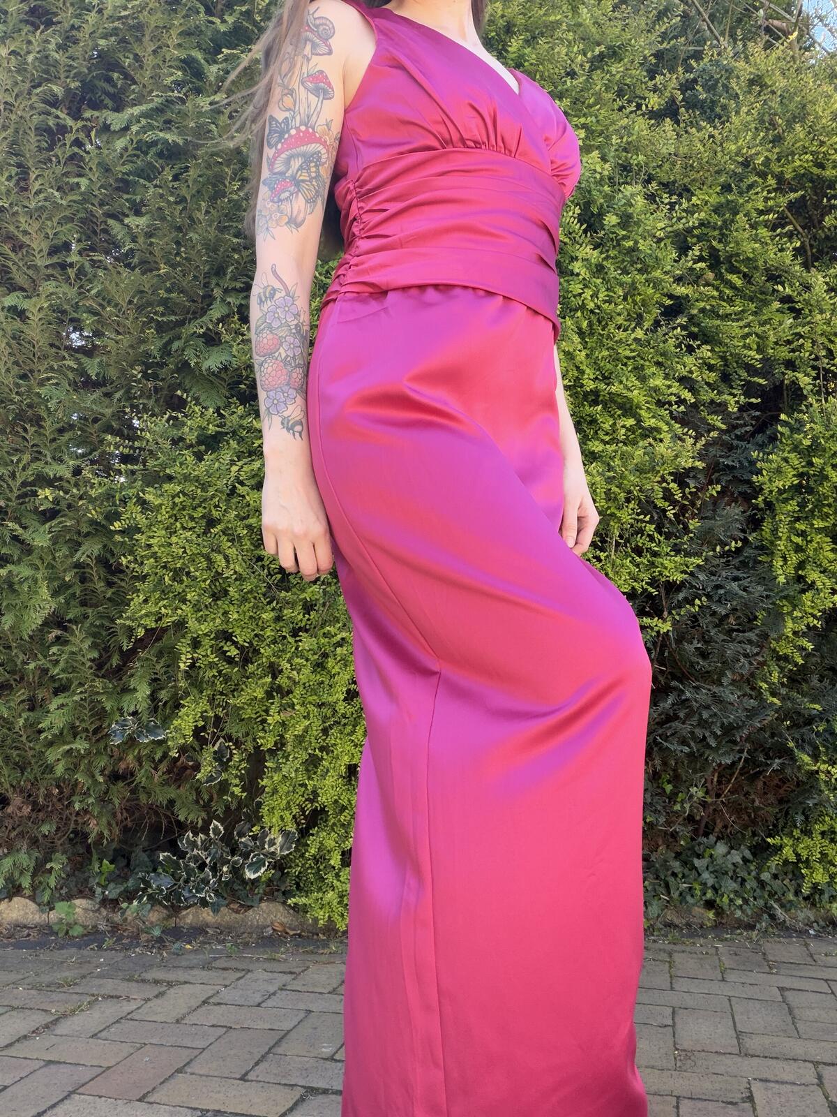 Vintage Y2K Prom Dress Size 12 Pink Long Satin Ruched Evening Cocktail Gown