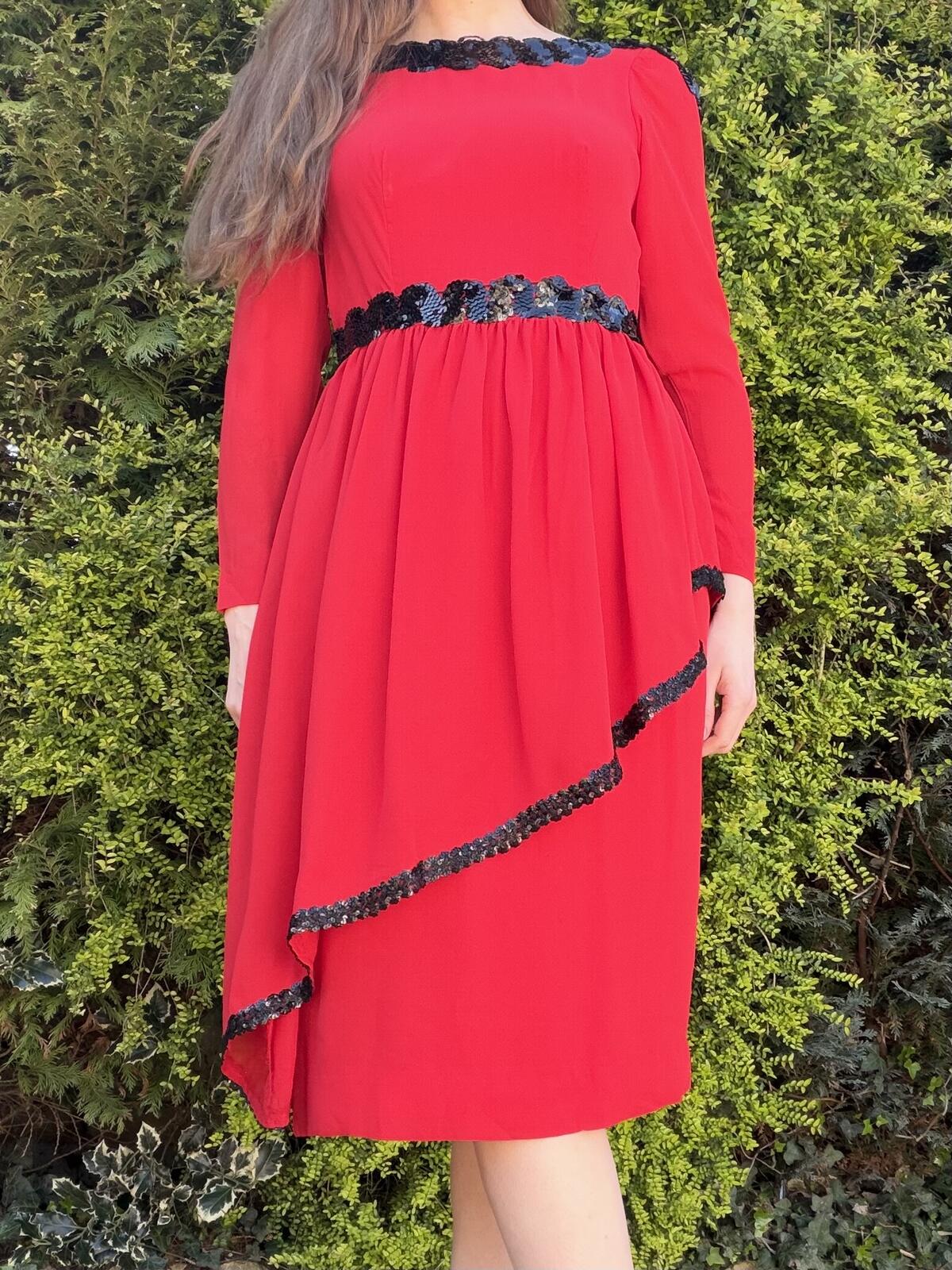 Vintage 1980s Party Dress Layered Red Midi Black Sequin Trim Size 10
