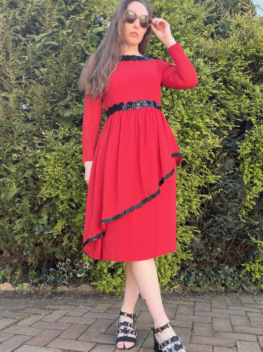 Vintage 1980s Party Dress Layered Red Midi Black Sequin Trim Size 10