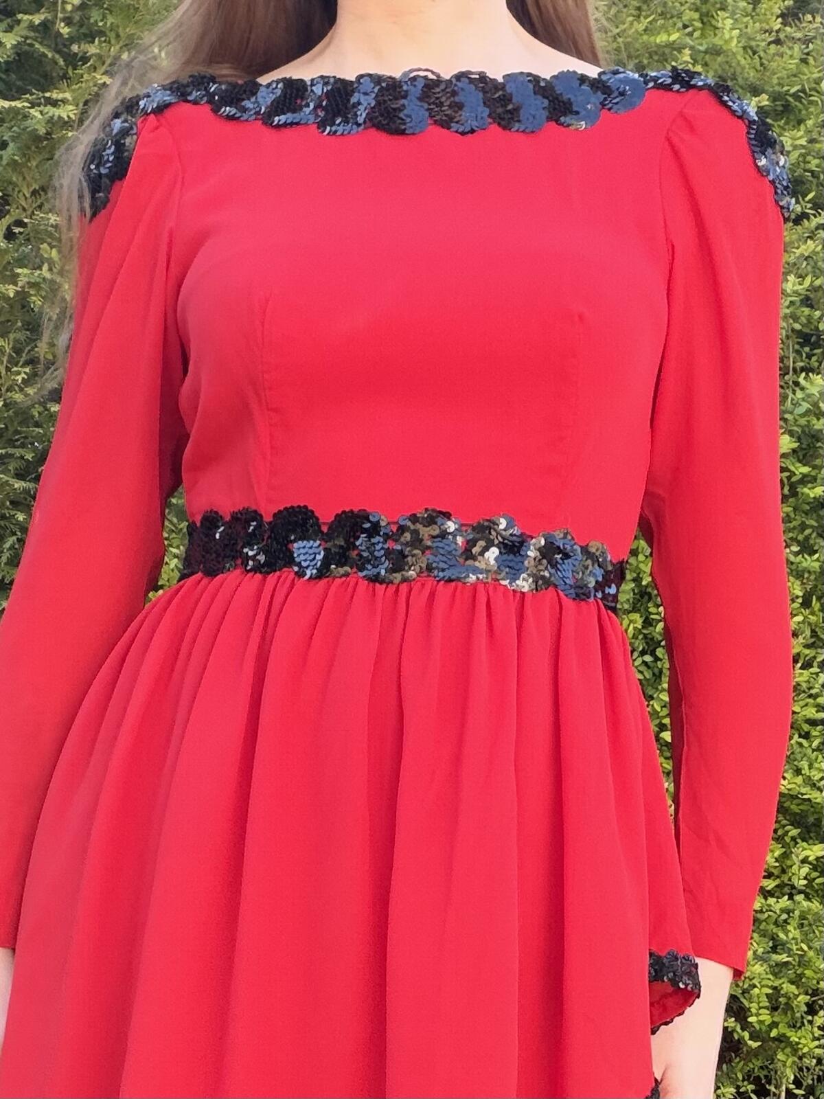 Vintage 1980s Party Dress Layered Red Midi Black Sequin Trim Size 10