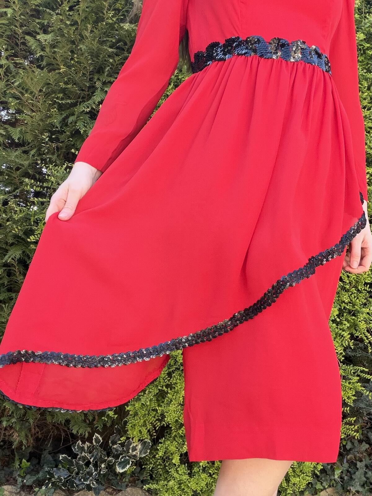 Vintage 1980s Party Dress Layered Red Midi Black Sequin Trim Size 10