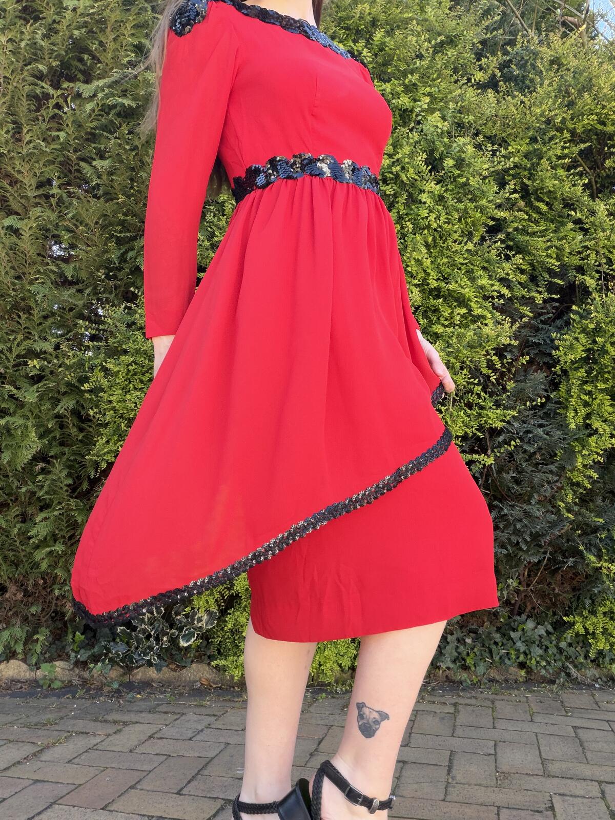 Vintage 1980s Party Dress Layered Red Midi Black Sequin Trim Size 10