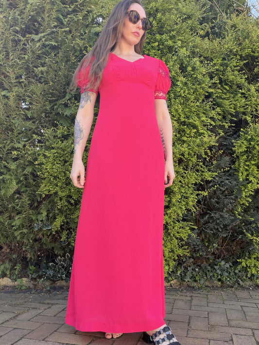 Vintage 1960s Maxi Dress Long Pink Cottagecore Puff Lace Sleeves Size 12