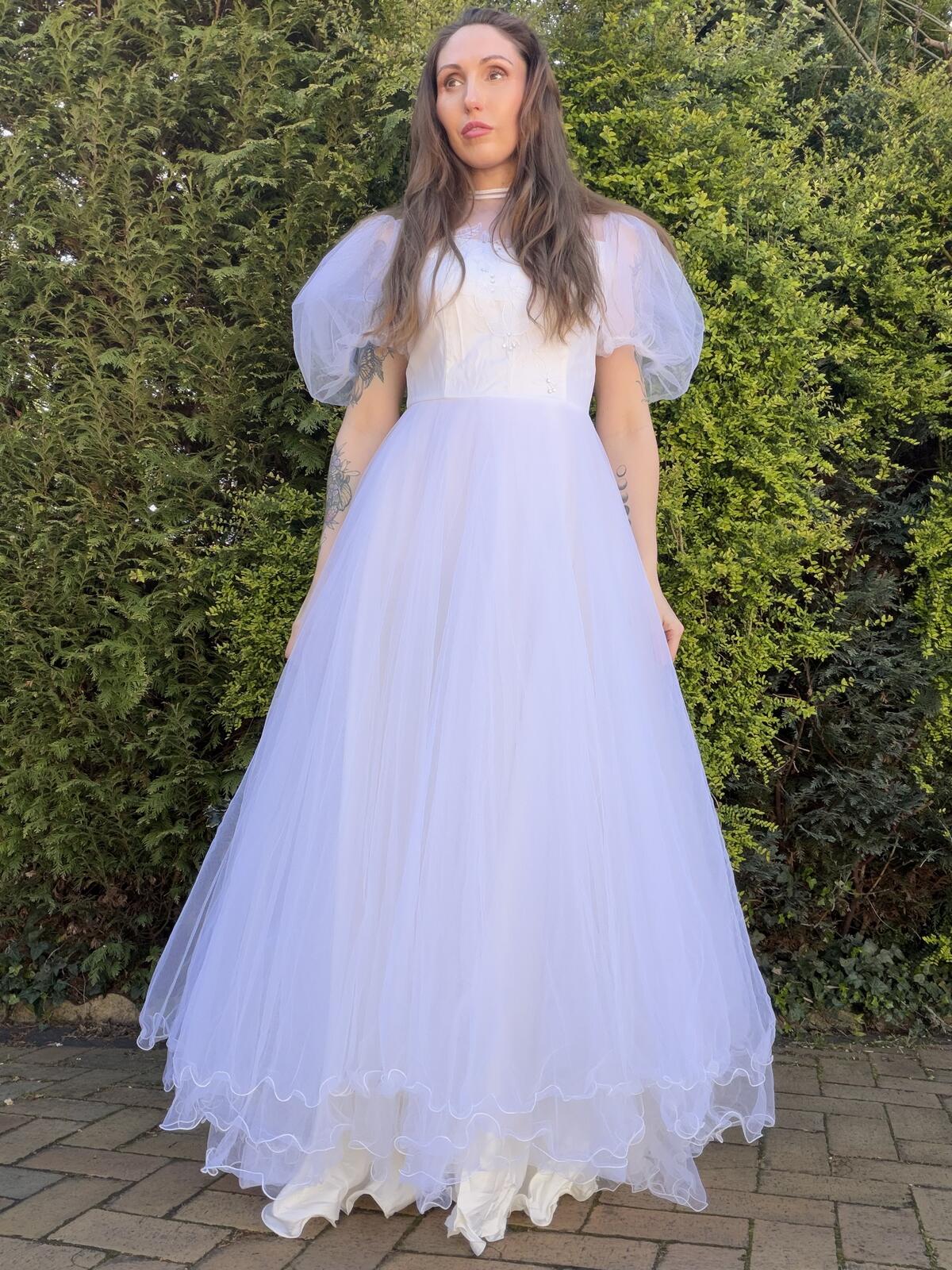 Vintage 1980s Wedding Dress White Tulle Puff Sleeve Bridal Maxi Dress Size 12