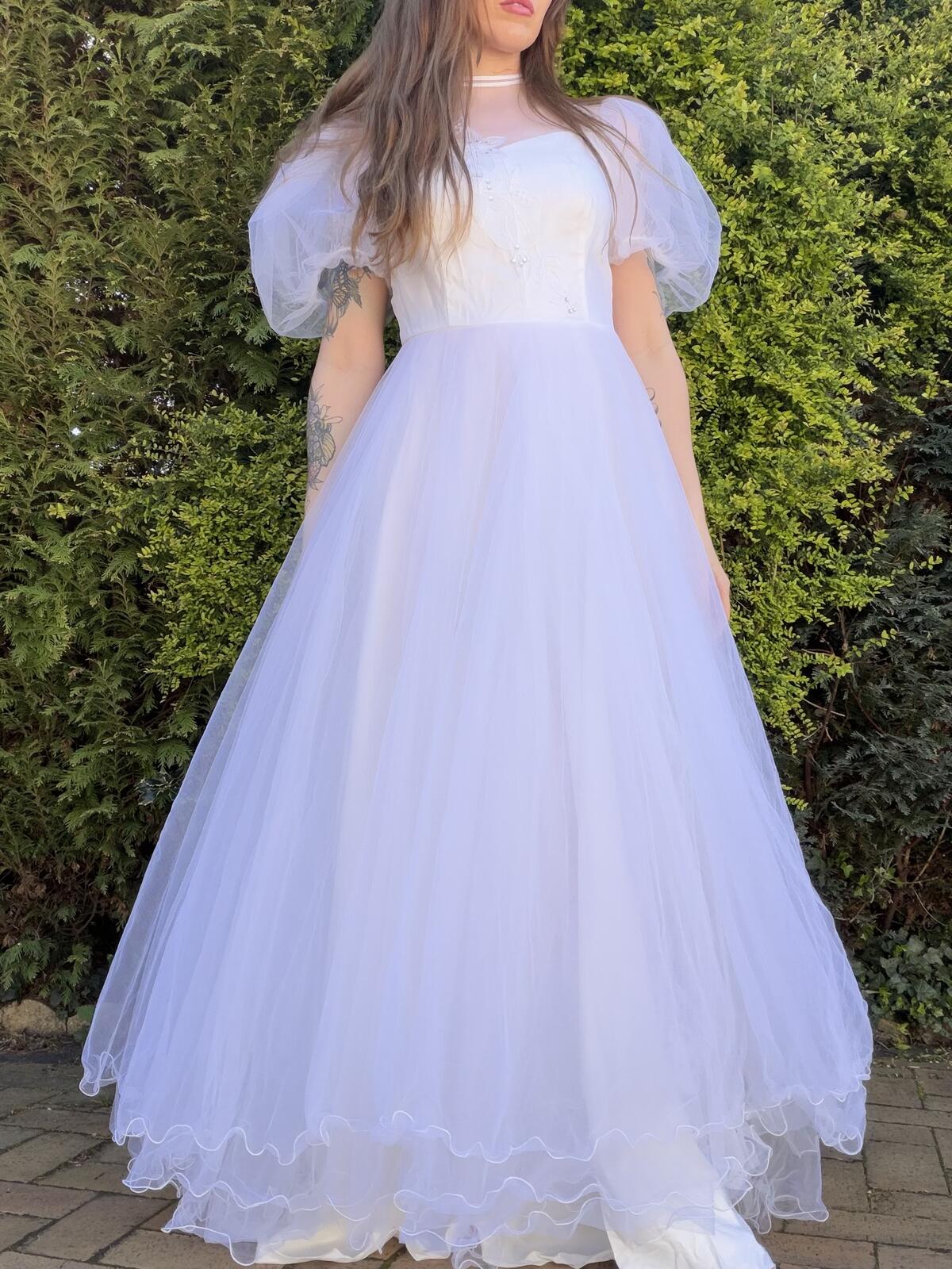 Vintage 1980s Wedding Dress White Tulle Puff Sleeve Bridal Maxi Dress Size 12