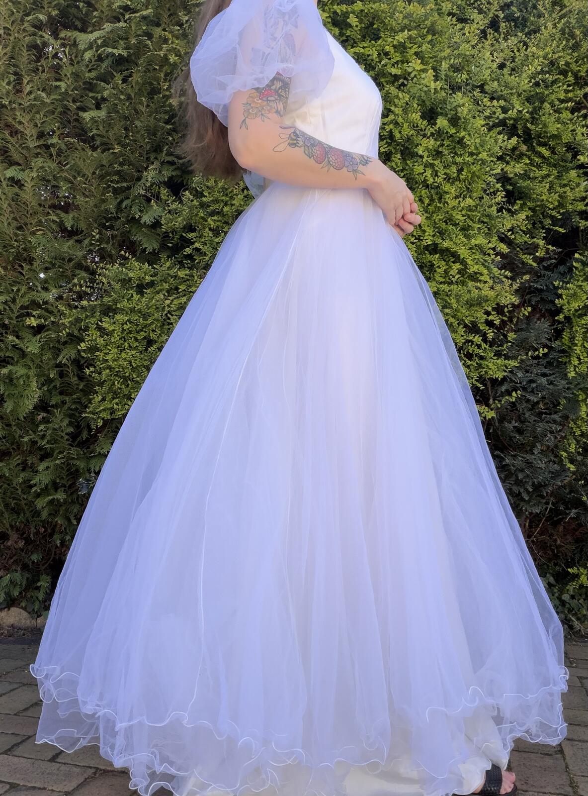 Vintage 1980s Wedding Dress White Tulle Puff Sleeve Bridal Maxi Dress Size 12