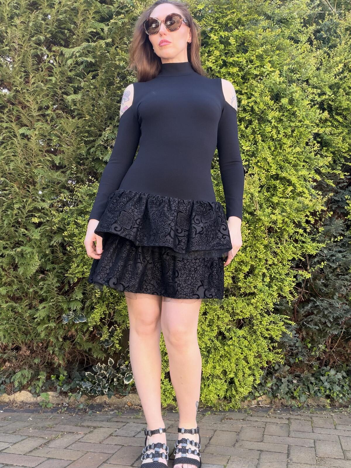 Vintage 1980s Party Dress Black Cold Shoulder Dress with Ruffle Skirt Size 8 10