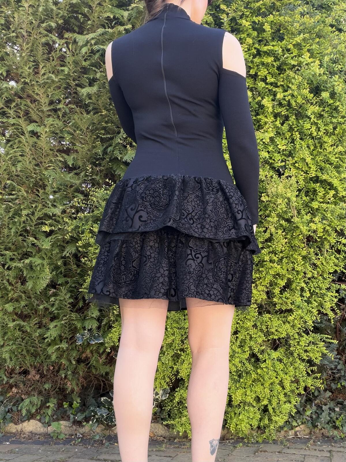 Vintage 1980s Party Dress Black Cold Shoulder Dress with Ruffle Skirt Size 8 10