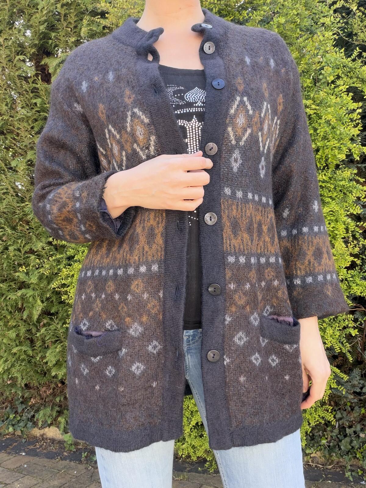 Vintage 1980s Mohair Cardigan Retro Patterned Knitted Button Up Knit Jumper M 14