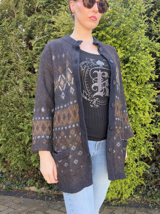 Vintage 1980s Mohair Cardigan Retro Patterned Knitted Button Up Knit Jumper M 14