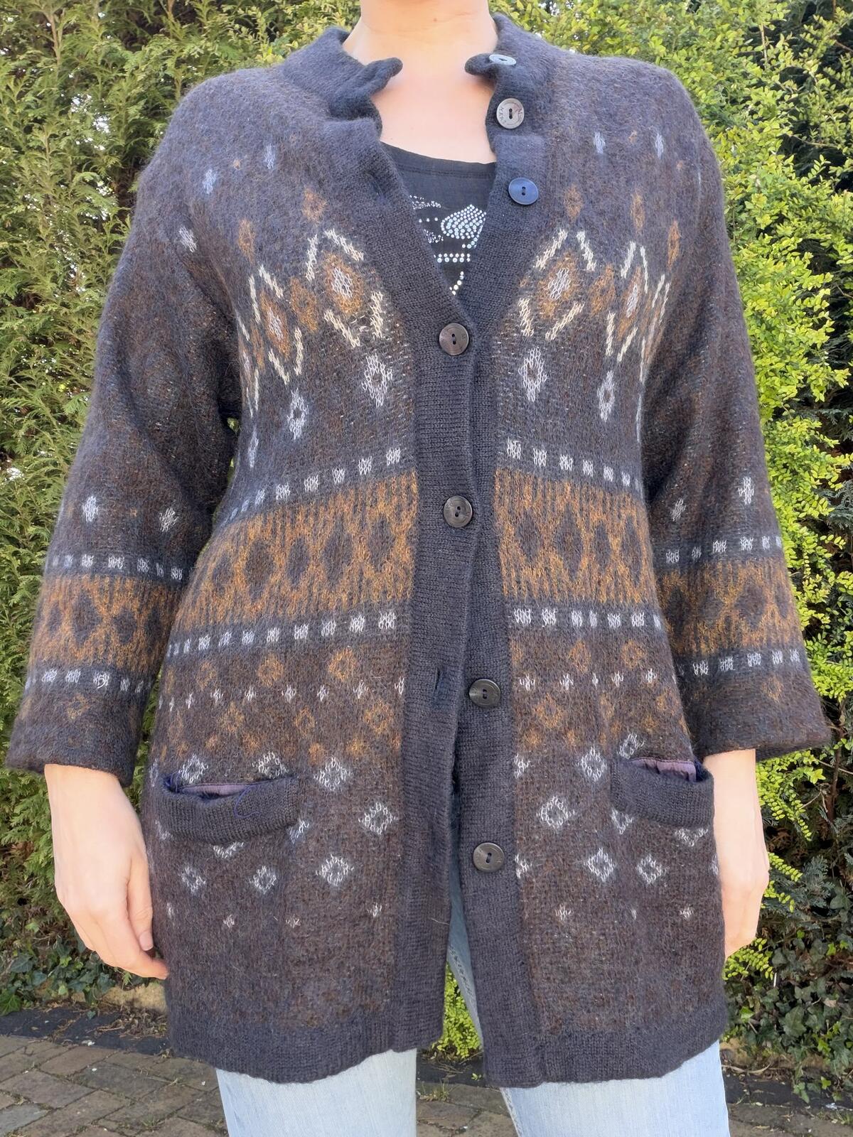 Vintage 1980s Mohair Cardigan Retro Patterned Knitted Button Up Knit Jumper M 14