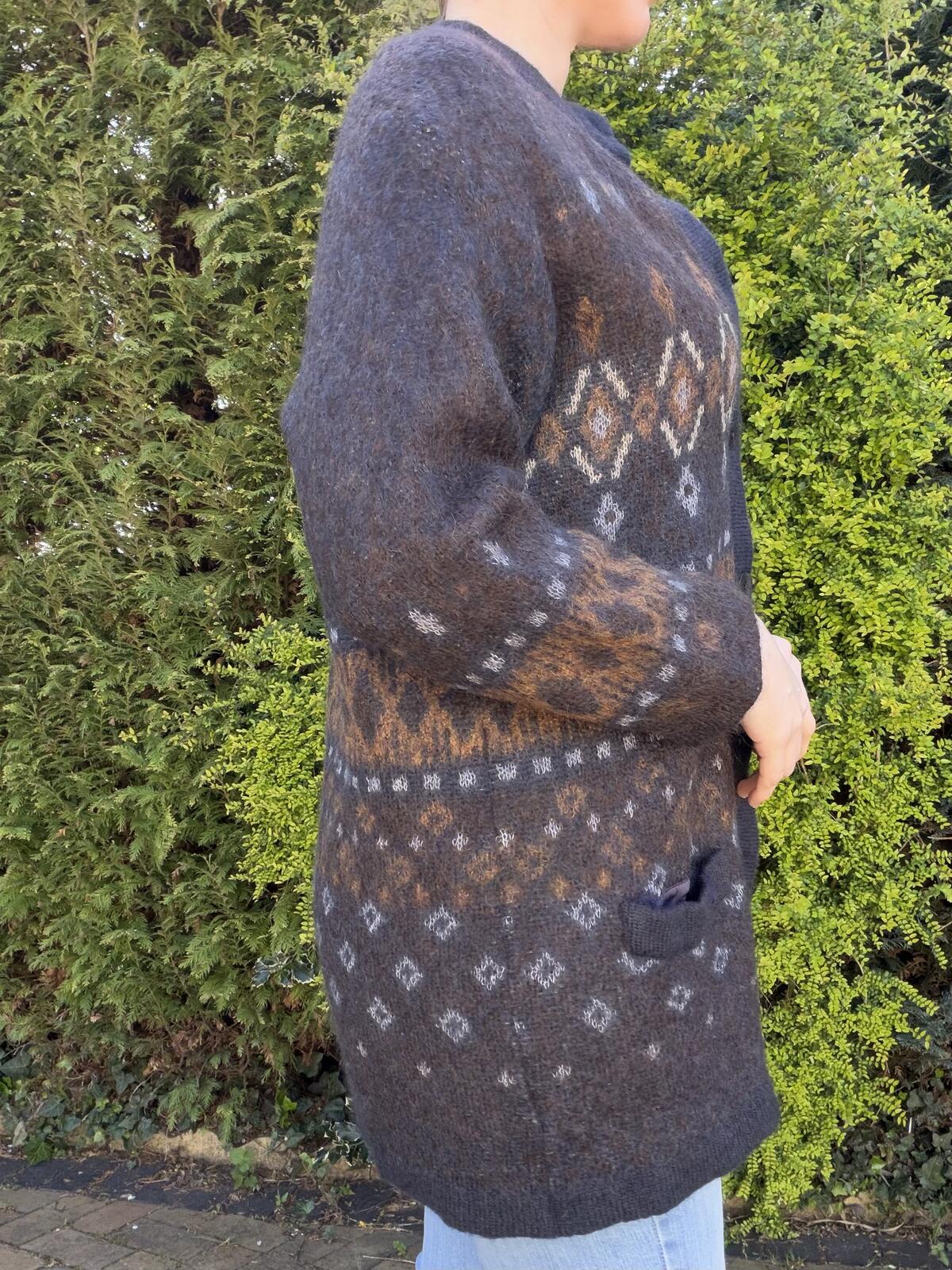 Vintage 1980s Mohair Cardigan Retro Patterned Knitted Button Up Knit Jumper M 14