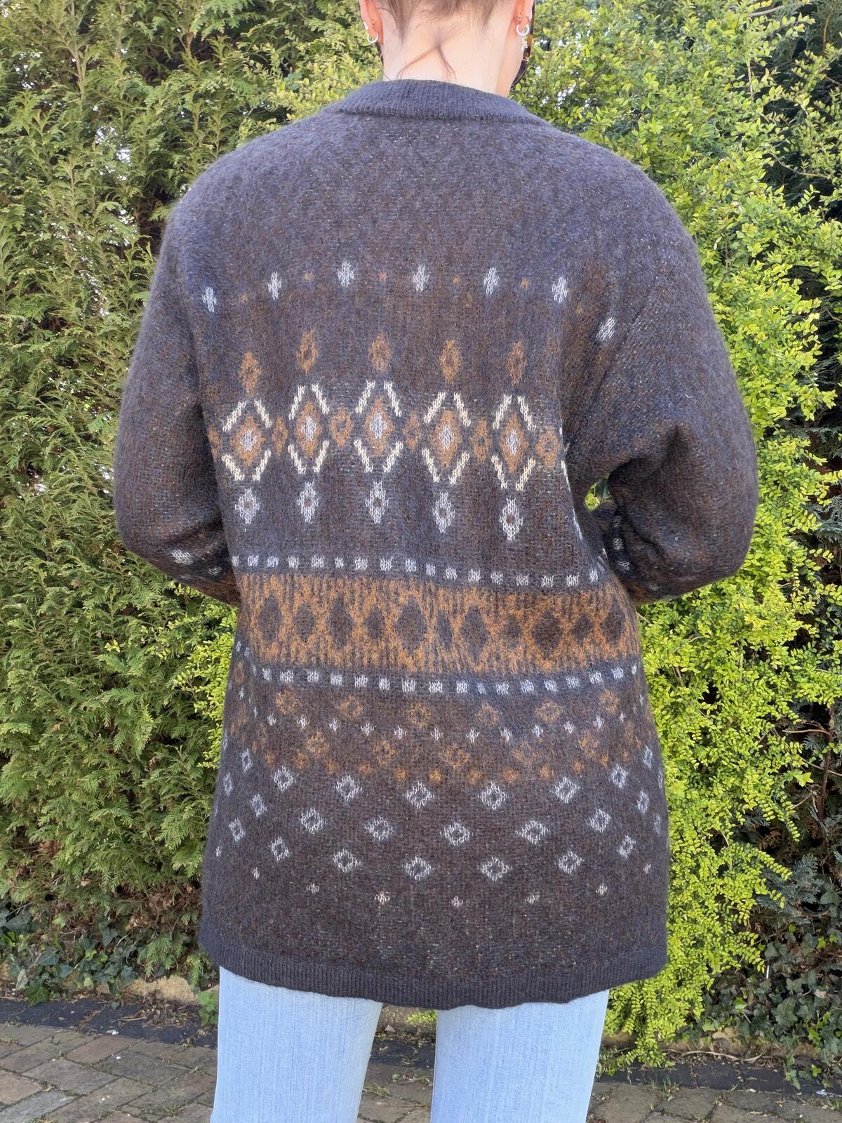 Vintage 1980s Mohair Cardigan Retro Patterned Knitted Button Up Knit Jumper M 14