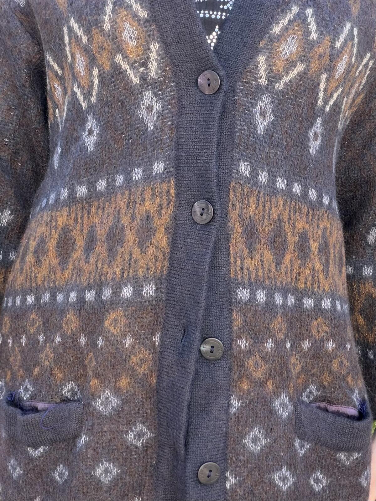 Vintage 1980s Mohair Cardigan Retro Patterned Knitted Button Up Knit Jumper M 14