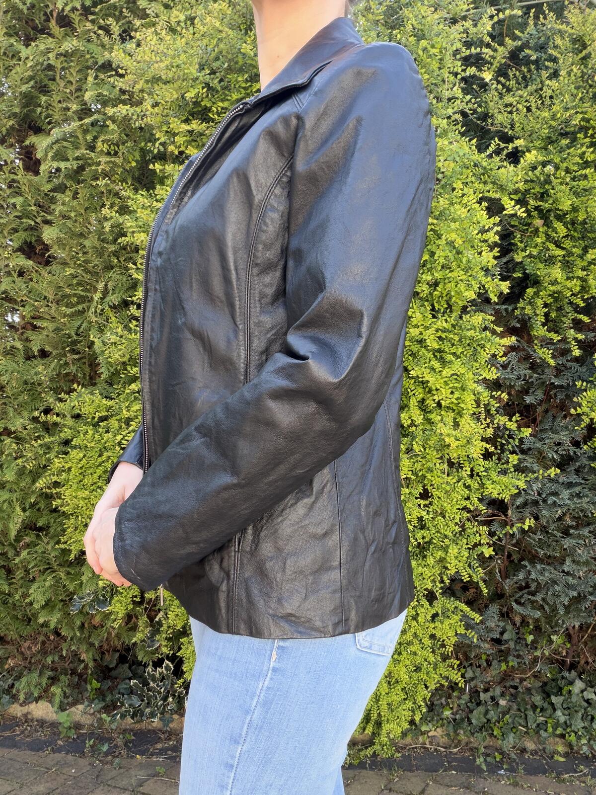 Black Real Leather Jacket Zip up Classic Biker Jacket size 8 10 by Worthington
