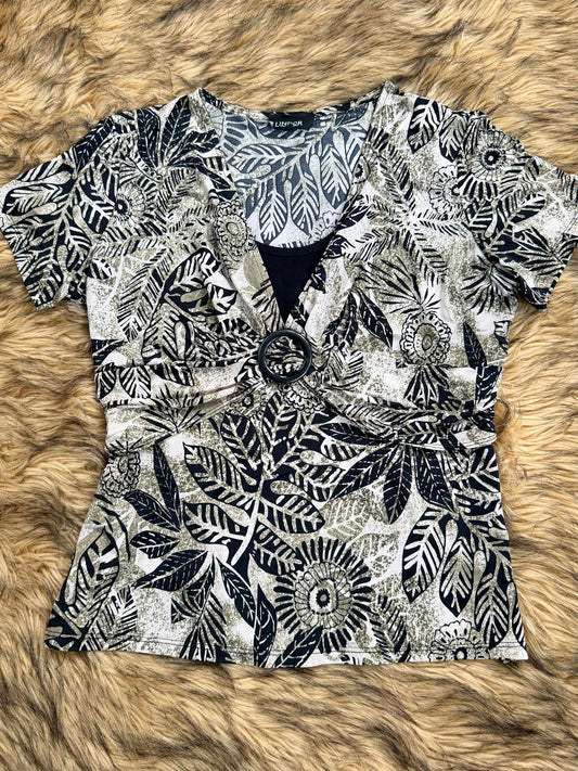 Vintage Y2K layered top Leaf Print Short Sleeve Top with Buckle Detail size 16