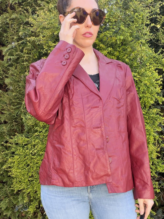 Vintage Burgundy Leather Jacket Y2K Red Blazer by East 5th Size 18