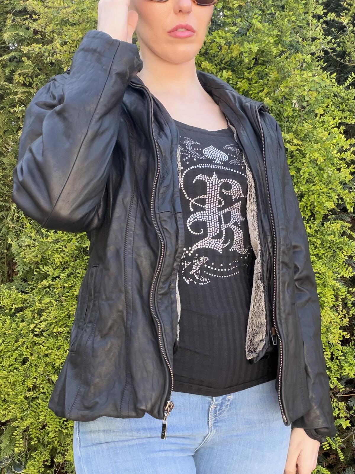 Black Leather Jacket with Removeable Faux Fur Lining Size 12 to 14 Biker Coat
