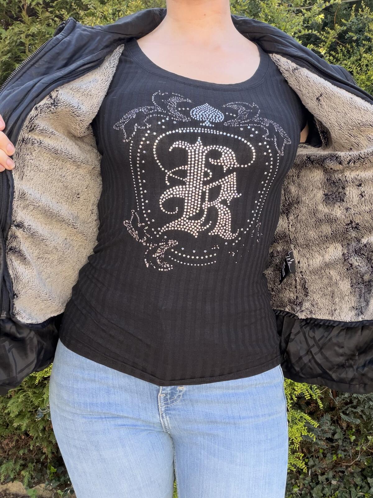 Black Leather Jacket with Removeable Faux Fur Lining Size 12 to 14 Biker Coat