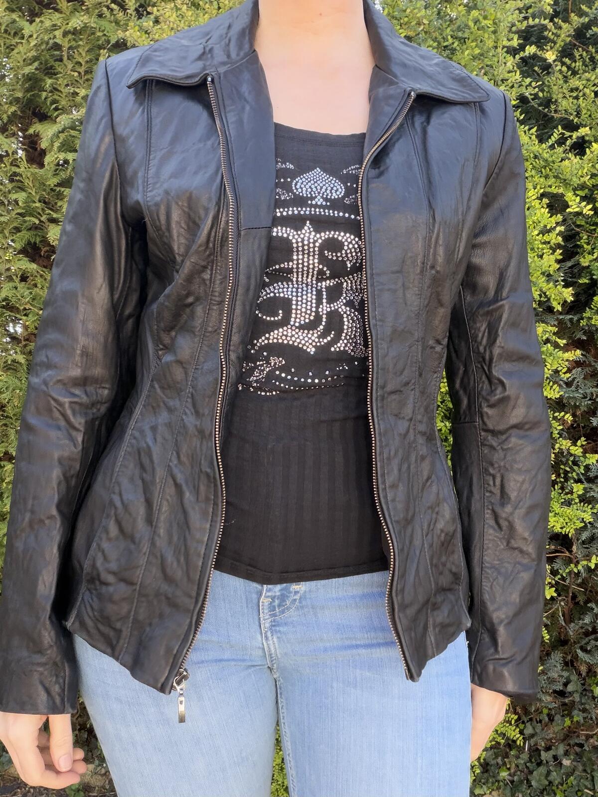 Black Leather Jacket with Zip Front by Nautica Biker Festival Coat Size 12