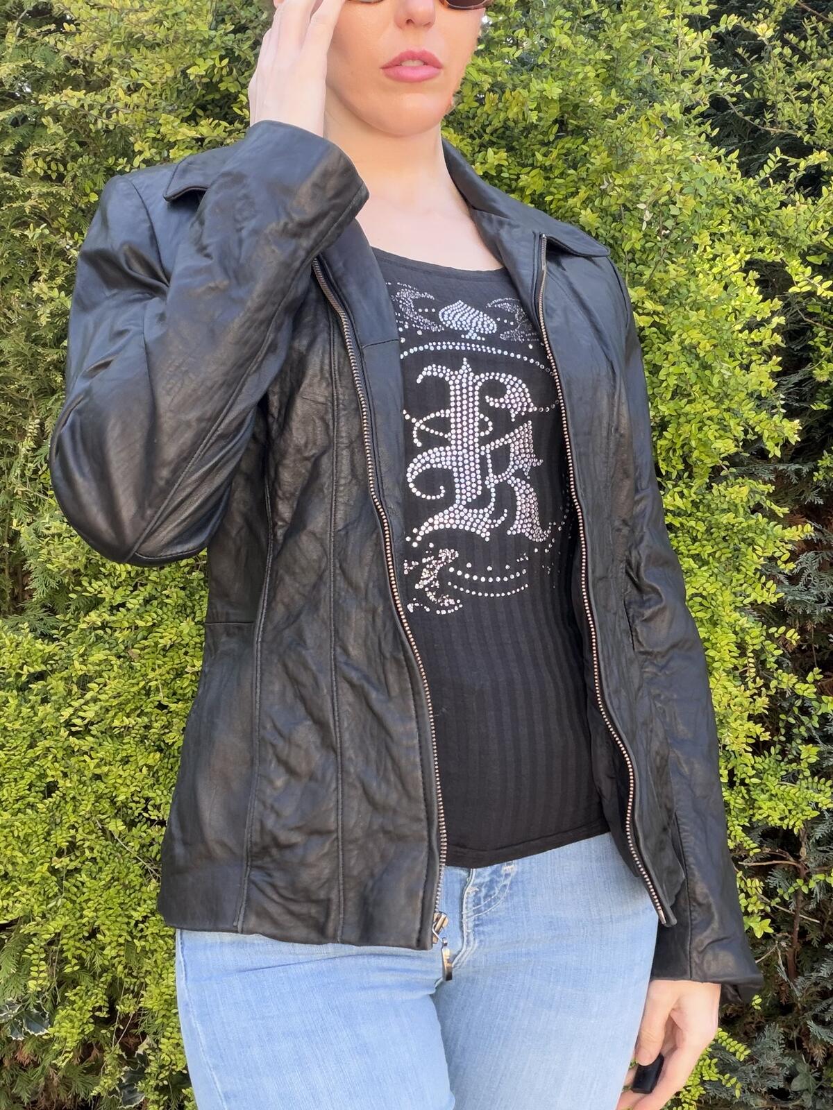 Black Leather Jacket with Zip Front by Nautica Biker Festival Coat Size 12