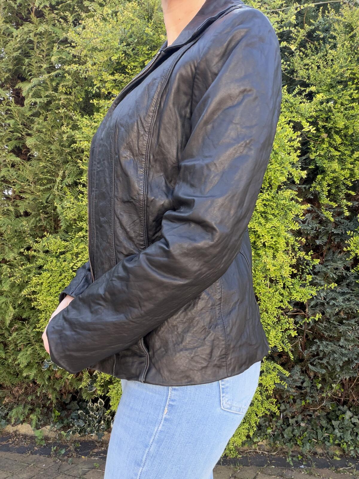 Black Leather Jacket with Zip Front by Nautica Biker Festival Coat Size 12
