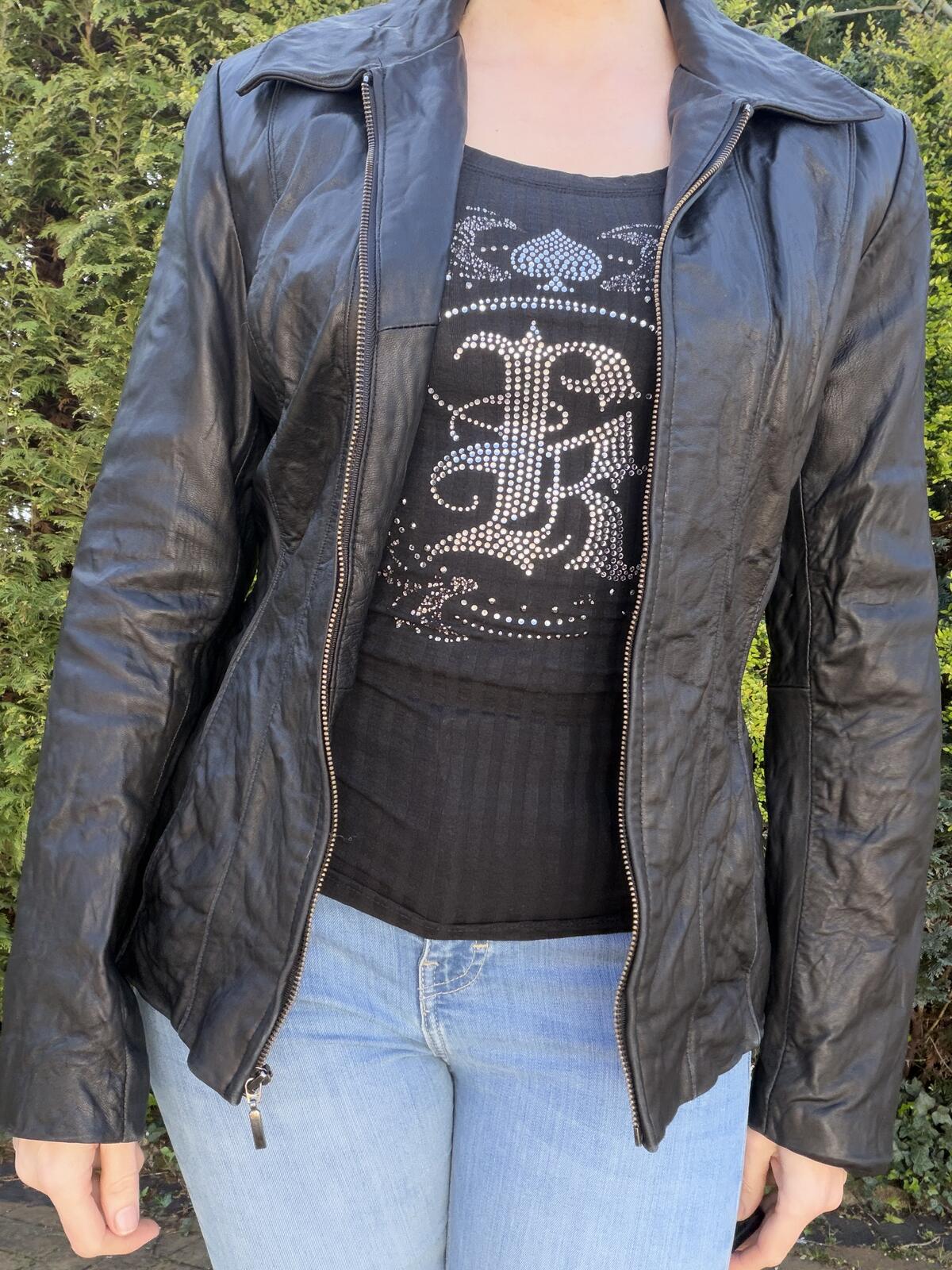 Black Leather Jacket with Zip Front by Nautica Biker Festival Coat Size 12