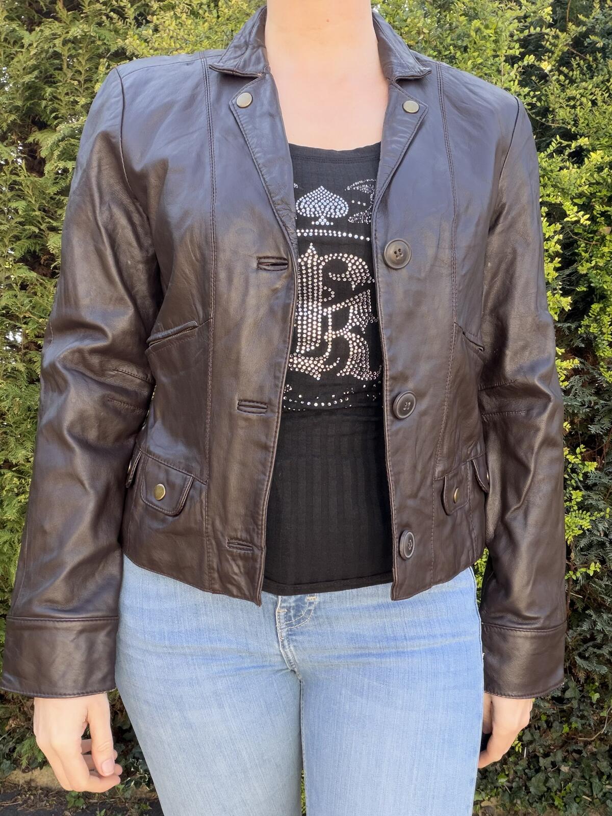 Brown Real Leather Jacket Blazer Size 10 By Metro 7 Tailored Fit