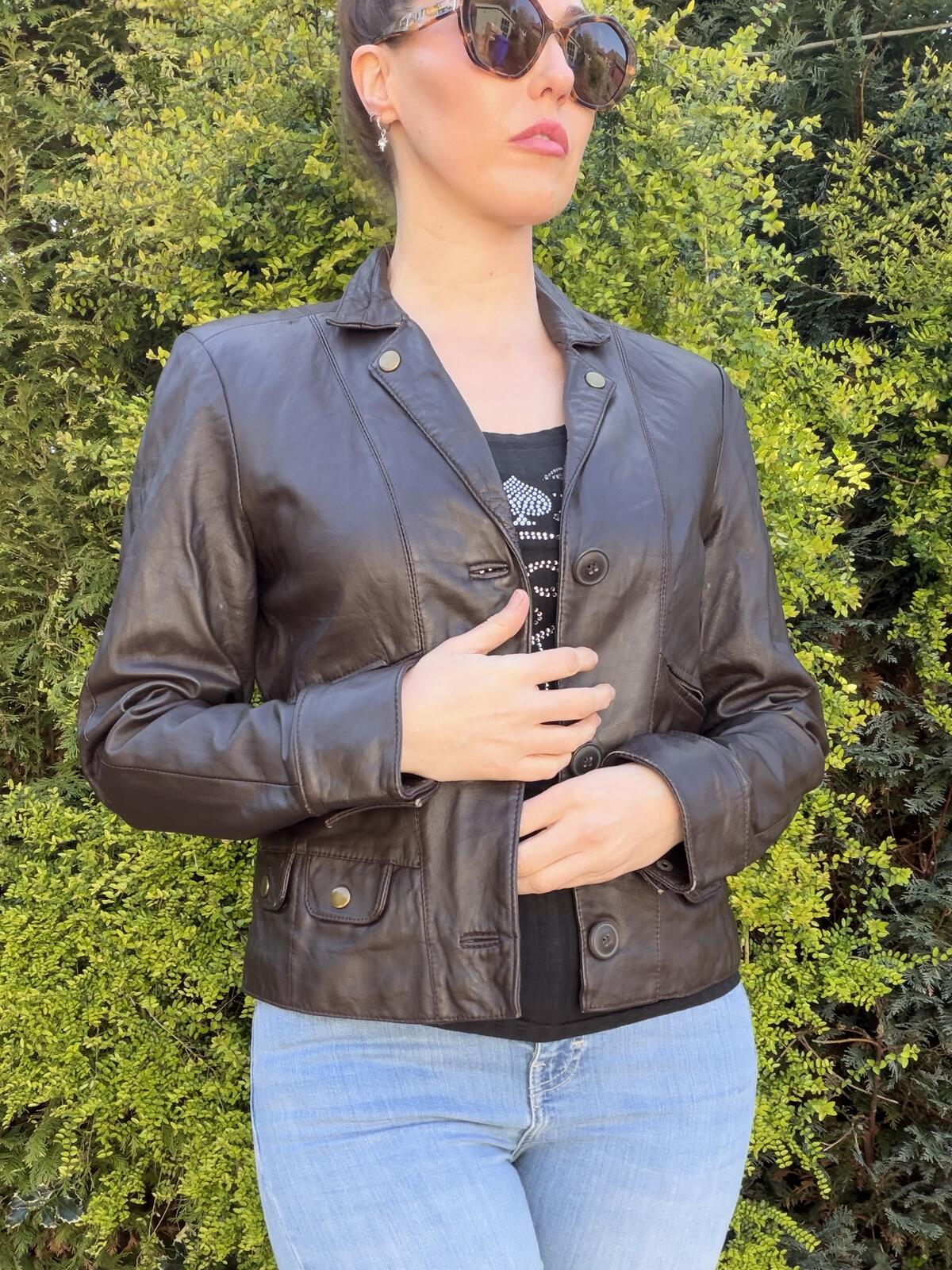Brown Real Leather Jacket Blazer Size 10 By Metro 7 Tailored Fit