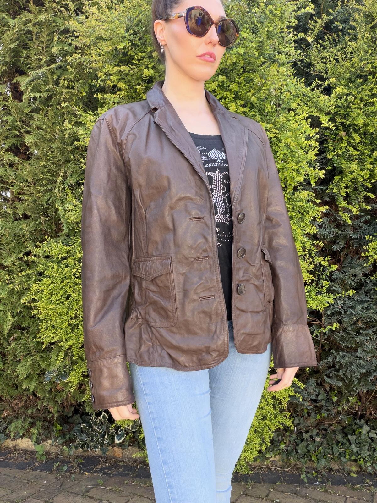 Brown Leather Jacket Blazer By Covingtion Size XL 16 to 18