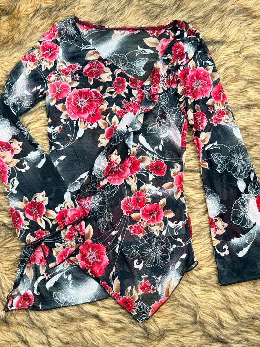 Vintage Y2K mesh top Floral Print flared sleeve with Ruffle Detail size 12