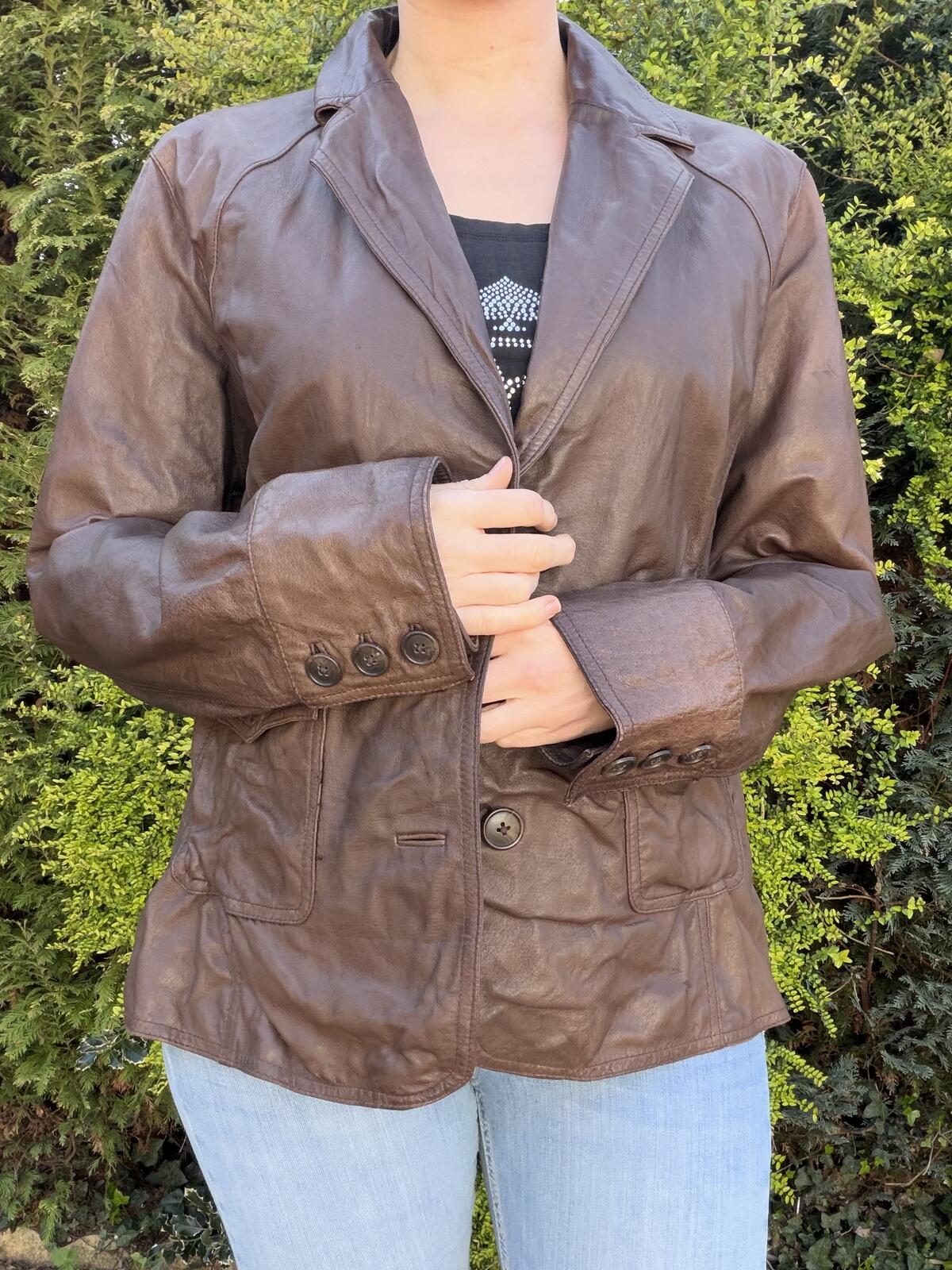 Brown Leather Jacket Blazer By Covingtion Size XL 16 to 18