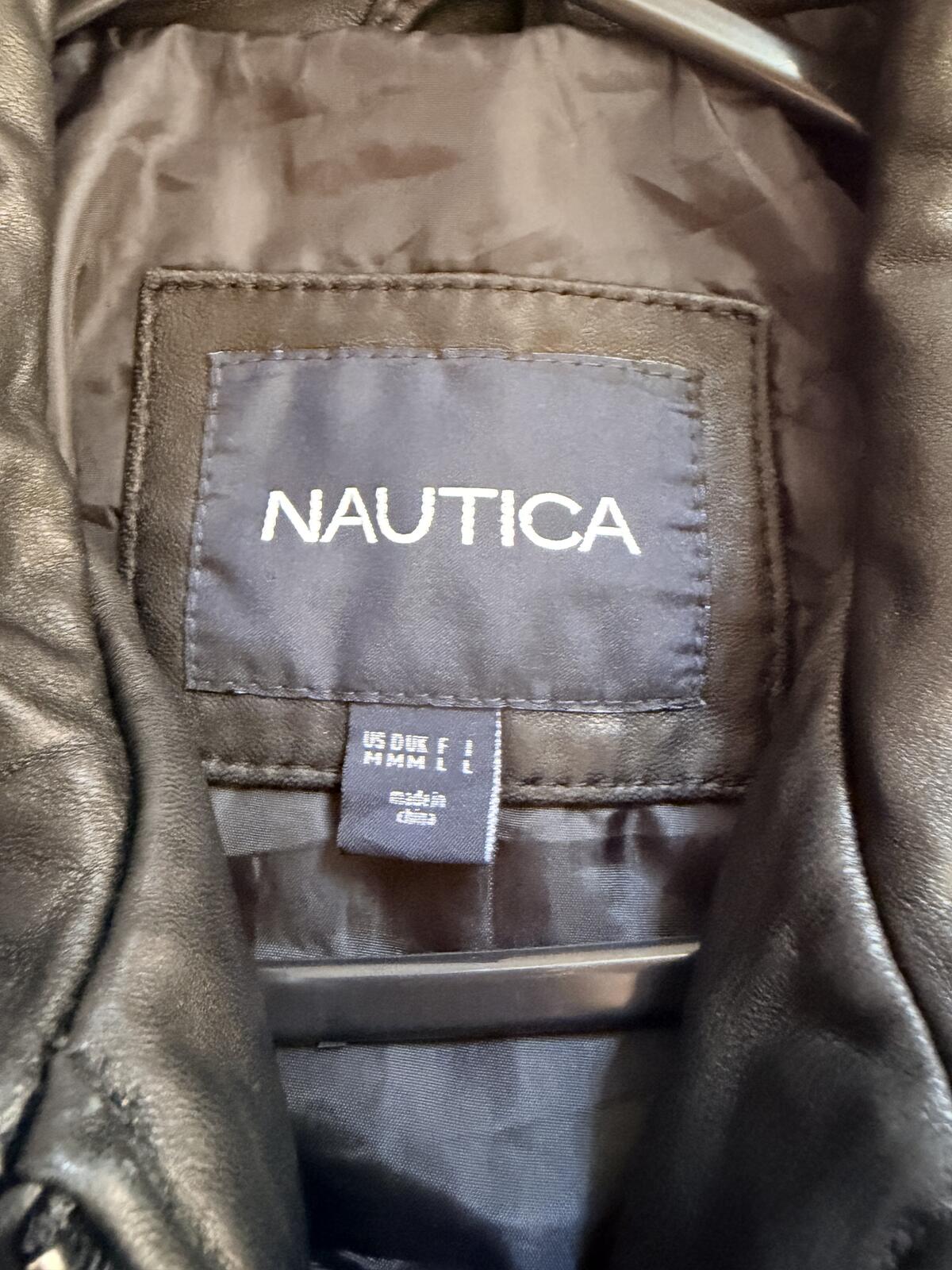 Black Leather Jacket with Zip Front by Nautica Biker Festival Coat Size 12